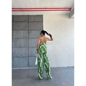 Elegante Mono Verde con Estampado Blanco, Cuello en V, Tirantes, Cintura Alta, Sin Mangas, Satinado, Ropa de Calle Moderna para Mujer, Transpirable - Product Image 3