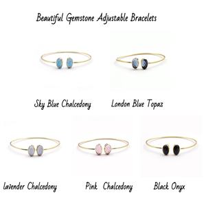 Bracelet en calcédoine bleu ciel bijoux plaqué or bracelet de forme ovale deux pierres précieuses ovales bleues bracelet réglable bijoux cadeau - Product Image 2