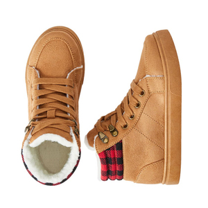 Lace Up Suede Kids Winter <b>Ankle</b> <b>Boots</b> Plaid Cuff Fuzzy Lining Non Slip Rubber Sole Daily Walking Footwear - Product Image 1