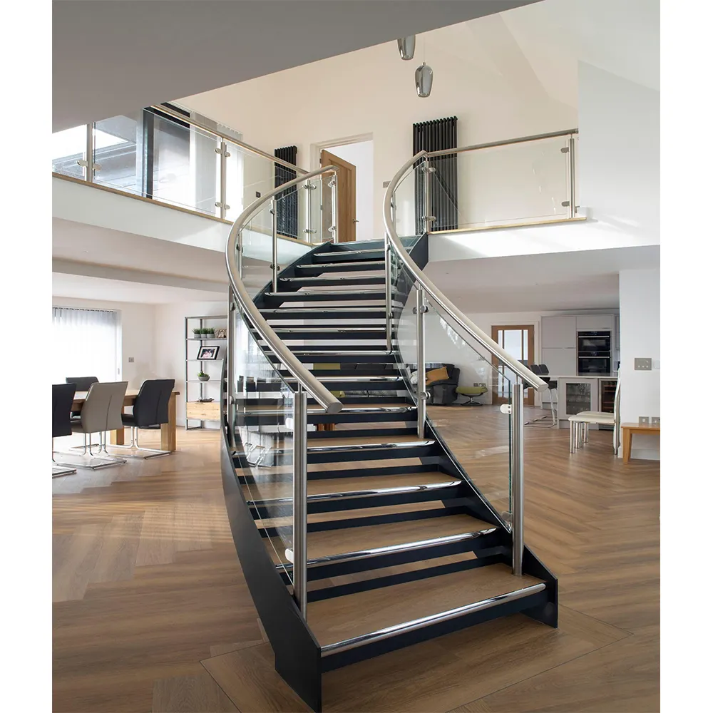 Factory Indoor Entrance Stair Elegant Curved Wood Stairs White Oak Steps Staircase with Glass Railing