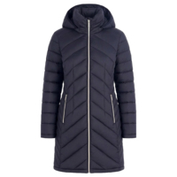 Veste matelassée longue à capuche pour femme, bleu marine, 100% nylon, matelassage chevron, poches zippées, pliable, manteau d'hiver, OEM ODM