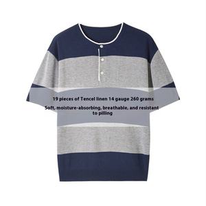 OEM 260g Lourd Rétro <span class=keywords><strong>Henry</strong></span> Col Acrylique Lyocell Lin Rayé Contraste Manches Courtes Loose Casual Jersey Hommes T-Shirt D'été - Product Image 2