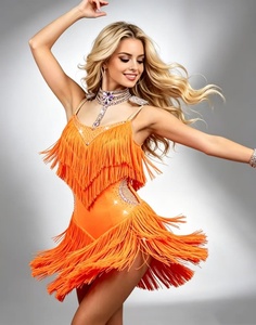 Abito Latino con <span class=keywords><strong>Frange</strong></span> Arancioni, Costume da Ballo Jazz e Tango, <span class=keywords><strong>Gonna</strong></span> da Ballo con Nappe per Spettacoli, Feste e Performance sul Palco per Donne - Product Image 1