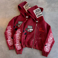 Sweat-shirt à capuche zippé pour homme, style streetwear, en coton épais, avec effet délavé, éclaboussures de peinture, patchwork et broderie usée