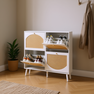 Meuble à chaussures 2 rangées 4 seaux sur pieds hauts en rotin, cadre blanc, style scandinave moderne, meuble de rangement pour entrée - Product Image 2