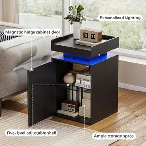 Mesita de Noche Estrecha de Madera MDF Negra Contemporánea con Puerta <span class=keywords><strong>y</strong></span> Luces de Control para Apartamento, Hogar, Dormitorio - Product Image 2