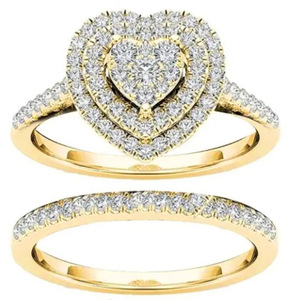 Set di Anelli a Due Pezzi con Cuore e Pavé per Donne, Gioielli Romantici alla Moda - Product Image 3