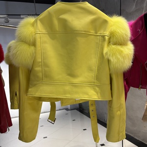 Giacca di pelle 2025 autunno giacca in vera pelle di montone con pelliccia di volpe per donna giacca di pelle gialla - Product Image 2