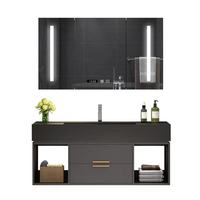 Meuble-lavabo flottant gris foncé en gros avec armoire miroir LED à 3 portes et étagères ouvertes gauche-droite pour maison et hôtel