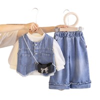Ensemble 3 pièces pour filles, gilet en jean et short, tenue décontractée pour l'automne, pour les tout-petits et les enfants