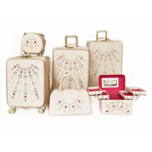 PU leather 4 wheels trolley travel luggage 6 PCS bag valise PVC suitcase set with beauty case for wedding