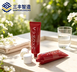 Tube cosmétique rouge à presser avec capuchon blanc pour crème pour les mains - Product Image 1