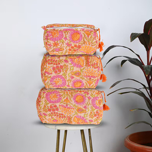 Trousse de Maquillage Textile Bohème Florale Grande et Moyenne avec Fermeture Éclair et Pompon, Pliable et Portable, Ensemble de Sacs Cosmétiques - Product Image 2