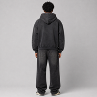 Sudadera con capucha extragrande y corte holgado, personalizada con pedrería, de 450 g/m² de alto gramaje, con bordado de apliques, negra, con lavado ácido y cremallera.