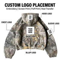 Sweat à capuche zippé personnalisé OEM avec appliqué camouflage Real Tree vintage / 500 GSM, 100 % coton, coupe classique / Impression numérique DTG Print Digital Spring
