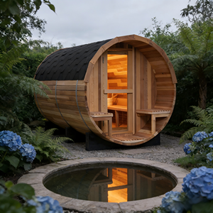 Sauna en bois de cèdre rouge patchwork pour 4 à 6 personnes, sauna en baril traditionnel à vapeur pour l'extérieur - Product Image 3