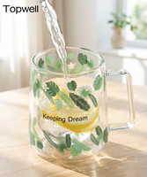 Tasse à café en verre à double paroi TOPWELL 330 ml, design moderne, résistante à la chaleur, motif feuille transparent, fabriquée en Chine