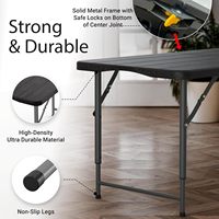 Table de camping pliante en plastique GSD Outdoor de 4 pieds, robuste, réglable en hauteur, en HDPE, avec finition imitation bois noir