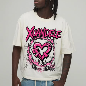 Camiseta Extra Grande de 260 g/m², 100 % Algodón, para Hombre, Estilo Urbano, con Estampado Gráfico de Llama de Corazón Rosa, Logotipo Personalizado - Product Image 1