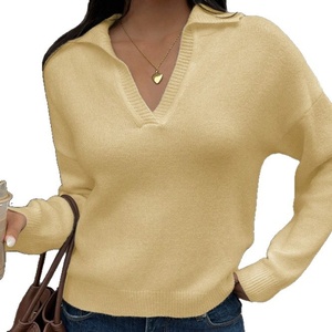 Custom <strong>Women's</strong> Chic Butter Yellow Lapel V <strong>Neck</strong> Knitted Sweater Long Sleeve Casual Loose Fit Pullover <strong>Jumper</strong> Polyester Knitwear - Product Image 5