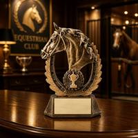 Trophée Tête de Cheval en Résine Bronze, Récompense Équestre avec Cadre en Fer à Cheval