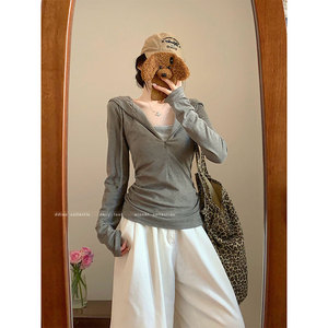 Miu Style Grey Hooded Long Sleeve T Shirt Women Slim Fit Half Zip Base <b>Layer</b> <b>Top</b> Casual Solid Color Breathable - Product Image 4