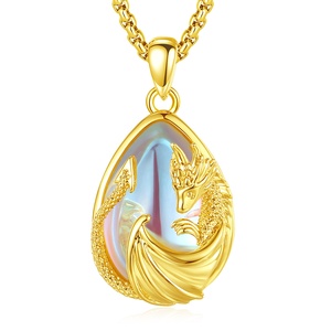 Collier pendentif <span class=keywords><strong>Dragon</strong></span> impérial créature mythique, talisman protecteur en pierre de lune irisée en forme de poire, motif totem oriental tendance - Product Image 1