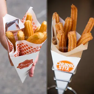 Custom logo disposable ice cream holder takeaway french fries paper cone crepes bubble waffle packaging take out churros holders