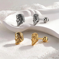 Boucles d'oreilles clous en acier chirurgical 316L, motif Roi Viking barbu, finition PVD Or, visage de guerrier nordique, pour piercing Tragus et Hélix, bijoux