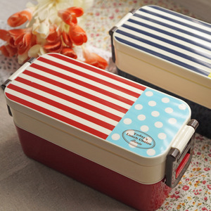 Boîte à bento rectangulaire pour adultes à 2 étages, en plastique, compatible micro-ondes, motif rayé - Product Image 2