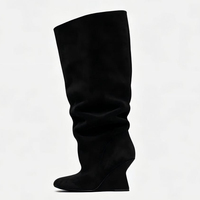 Bottes hautes à enfiler pour femmes, à bout rond, talons compensés, coupe large, avec empeigne plissée