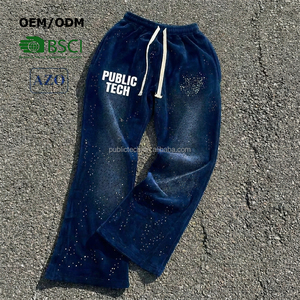 Streetwear Custom Oversize Navy Acid <b>Wash</b> Diamond All Over Rhinestone Jogger Sweat Pants Wide Leg Baggy Printed Sweatpants Men - Product Image 1