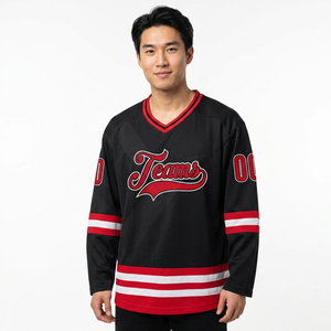 เสื้อฮอกกี้น้ำแข็งทีมแบบกำหนดเอง คอวี แขนยาว พิมพ์ลายแบบ Sublimation ระบายอากาศได้ดี ซับเหงื่อ สำหรับผู้ใหญ่ ผลิตจากโพลีเอสเตอร์ 100% ด้านหน้า - Product Image 1