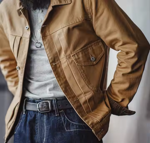 Wholesale Men's Heavyweight Canvas Lapel Denim Jacket Vintage Workwear Multi-Pockets <b>Button</b>-Up Jacket - Product Image 2