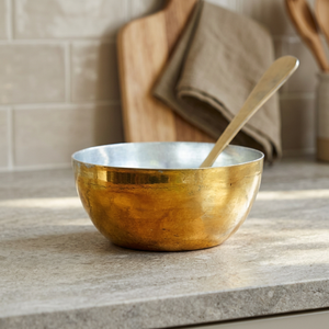 Wholesale Brass and Silver Bowl with Wooden Spoon Perfect for Serving Salads or Snacks Stylish and Durable Kitchenware - Product Image 1
