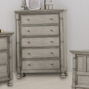 Commode grise de style provincial français - 5 tiroirs et bouton minimaliste avec pieds en forme de boule, armoire de rangement pour chambre à coucher, meuble vintage décontracté - Product Image 1