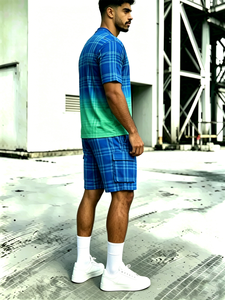 T-shirt dégradé bleu-vert à carreaux pour homme et short cargo à carreaux – Ensemble décontracté 2 pièces - Product Image 5
