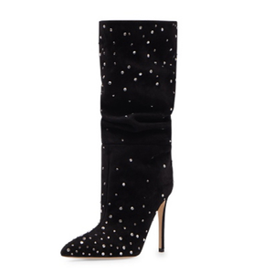 Crystal Pointed Toe Stilettos Ladies New Suede Rhinestone Blue Fashion Elegant Sexy Women Mid Calf Shoes Pleated <b>Boots</b> - Product Image 4