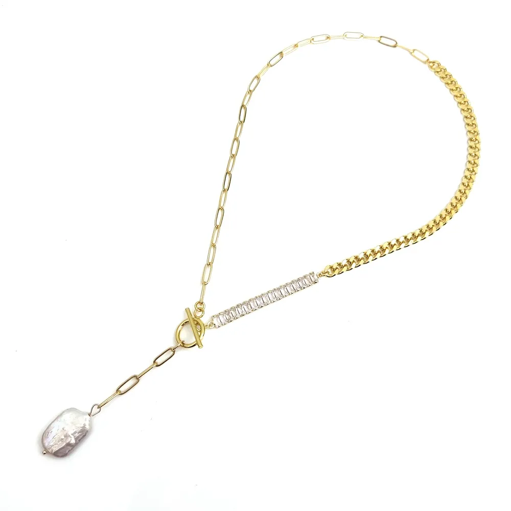 new natural baroque freshwater pearl choker necklace gold plating chain with rhinestone jewelry toggle clasp necklace for women