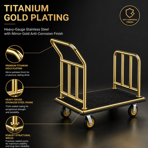 Hotel luggage <b>cart</b>, <b>hand</b>-push flat trolley with stainless steel silent wheels, concierge lobby - Product Image 6