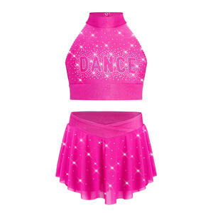 Enfants filles pom-pom girl Cheerleading danse Performance Costume paillettes strass <span class=keywords><strong>haut</strong></span> court jupe en maille transparente - Product Image 4