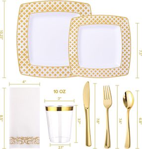 175 pièces ensembles de vaisselle carrés pâtés avec couverts vaisselle jetable en plastique robuste avec bordure en dentelle dorée pour la fête de mariage - Product Image 4
