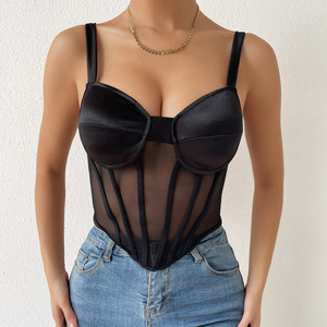 Débardeurs en satin <span class=keywords><strong>transparent</strong></span> à col en V sexy à dos nu à motif d'arêtes de poisson européennes et américaines pour femmes, camisole - Product Image 1