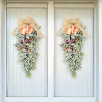 Guirlande artificielle de pivoines en forme de goutte d'eau avec nœud en toile de jute et feuilles d'oreille de mouton, décoration florale pour porte d'entrée ou murale de printemps