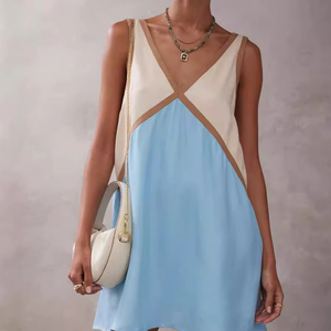 Mini robe sans manches col V couleur contrastée robe débardeur robe d'été pour club fête - Product Image 1
