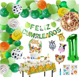 Jungle ONE fête d'anniversaire fournitures Latex ballon guirlande arc espagnol joyeux anniversaire bannière nappe animaux gâteau toppers décor