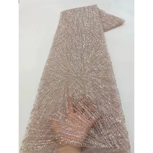 Harga grosir kain renda Afrika mewah manik-manik pengantin payet kain renda bordir untuk gaun