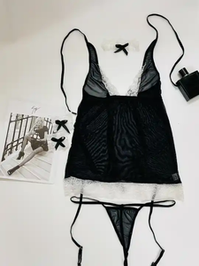 Ensemble de lingerie sexy pour femme, uniforme scolaire de jeu de rôle, en dentelle et gaze noire et blanche - Product Image 4