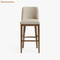 Tabouret de bar rembourré en bois de chêne massif, chaise de bar haute en tissu lin beige avec repose-pieds pour îlot de cuisine ou bar à domicile