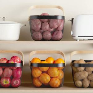 Kitchen Bathroom Picnic Pantry Cabinets Storage <b>Mesh</b> Steel Storage Organizer <b>Basket</b> Fruit <b>Basket</b> Bin with Wood Handle - Product Image 5
